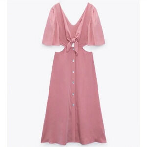 Zara Tie Bow Front Cut Out Midi Dress Light Pink NWT Size XL
